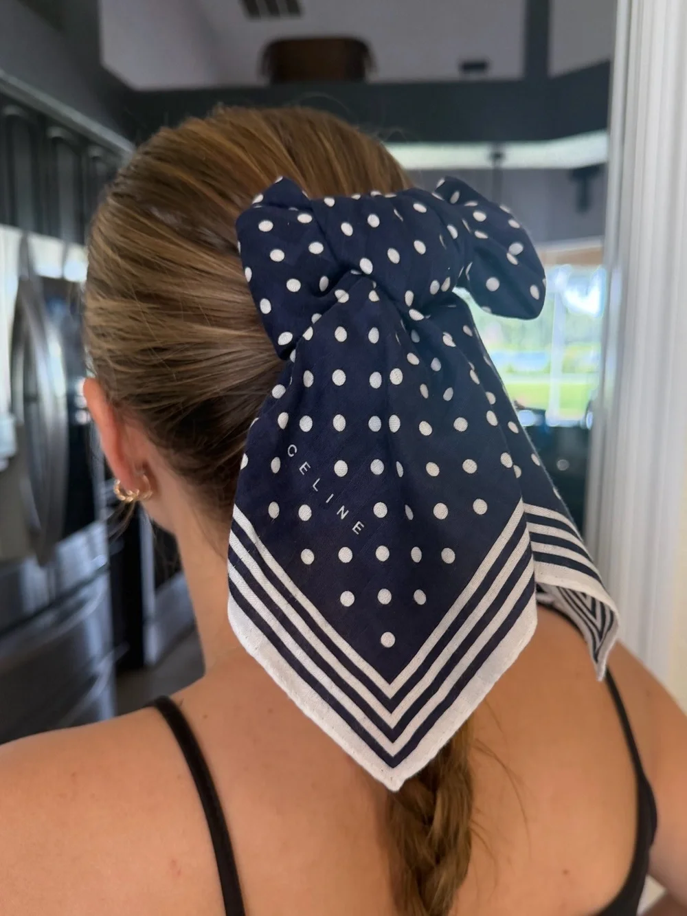 Celine Navy Polka Dot Square Scarf Hair Bow Bandana Neckerchief Bag Accessory